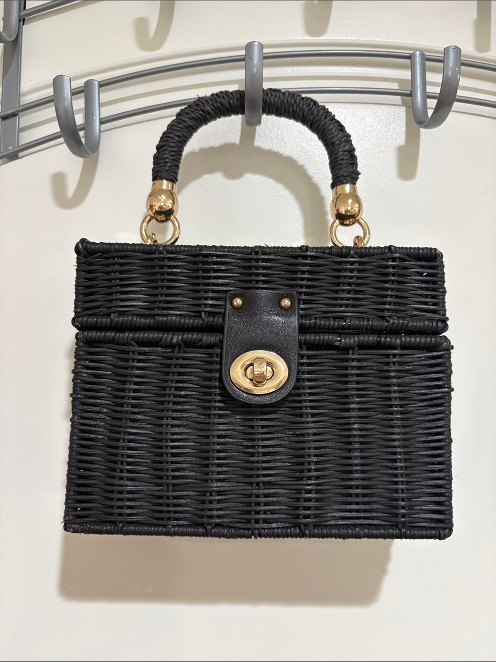 Zara Black Woven Top-Handle Bag with Gold Hardware